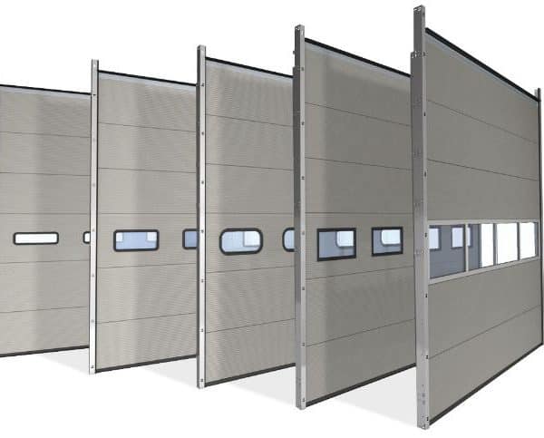 porte-sectionnelle-industrielle-iso-40-mm-automatique-repliable-en-plafond-pleine-en-metal-avec-hublot-et-portillon-isolation-phonique-isolation-thermique