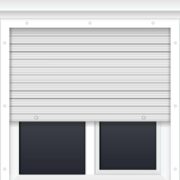 Window with rolling shutters on a white background.