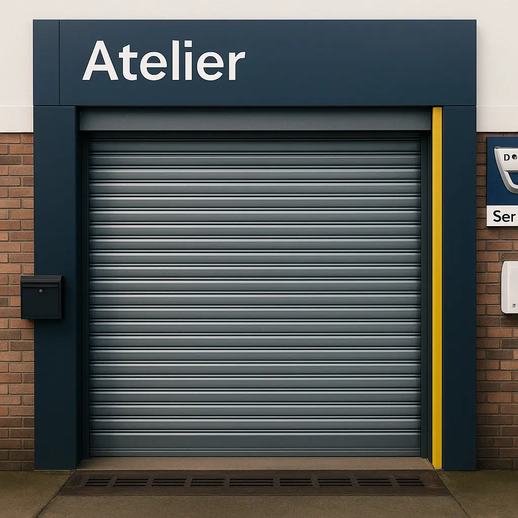 Rideau métallique motorisé installé sur l’entrée d’un atelier de service